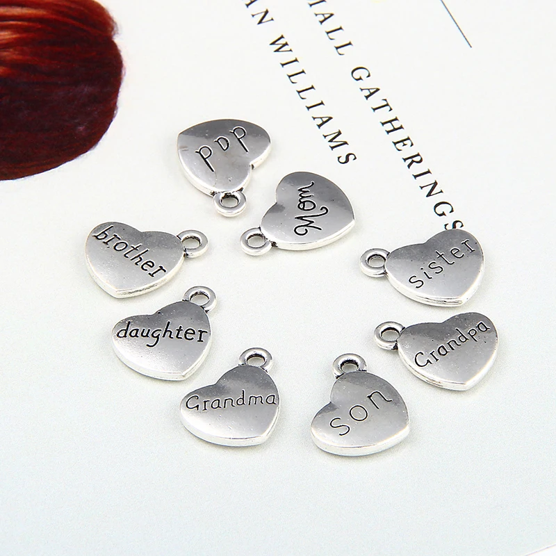 Alloy Mom Charms Pendant Engraved Daughter Son Brother Sister Dad Vintage Peach Heart Charm For DIY Family Jewelry Making 10Pcs