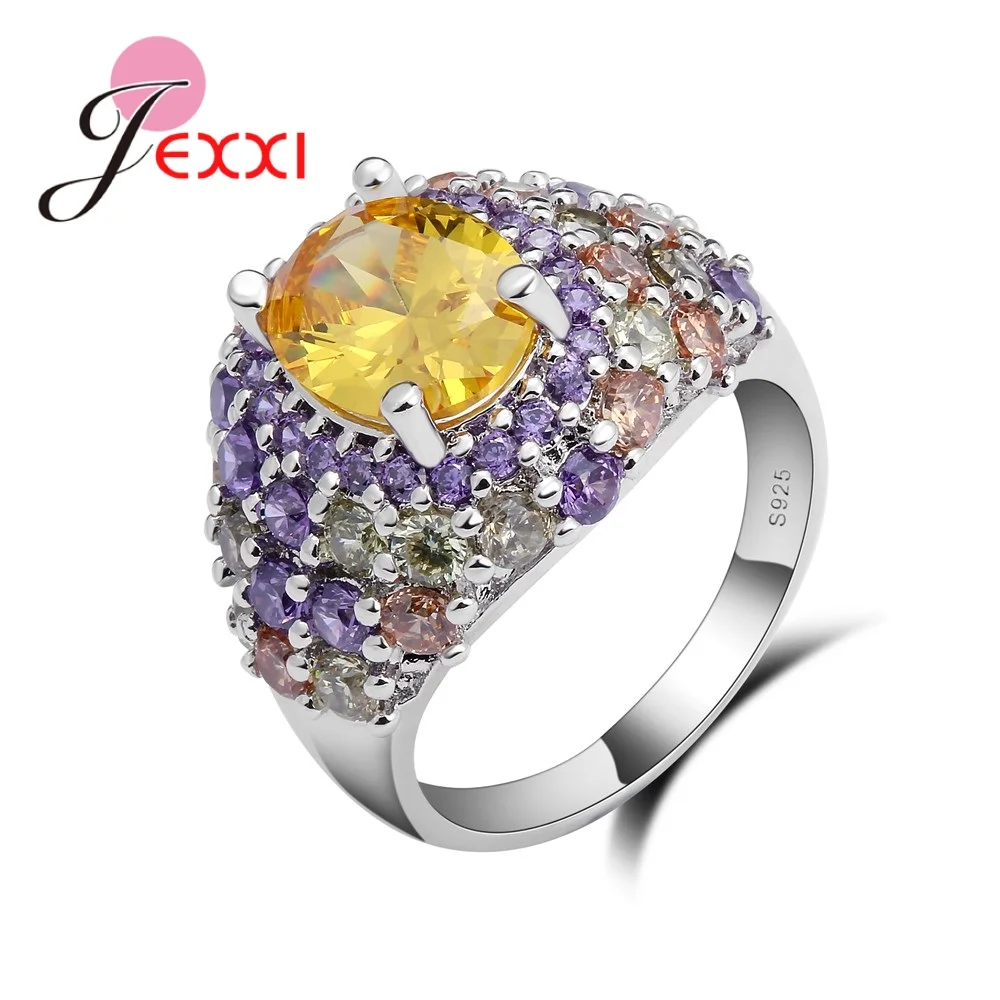 Female Anillos Luxury Solid 925 Sterling Silver  Rings Micro Inlay Full Colorful Crystal Stone Best Wedding Bijoux