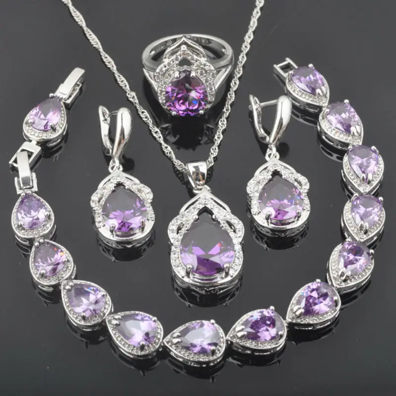 

Russian style Wedding Jewelry Sets Natural Purple Crystal Silver Color For Women Bracelet Necklace Pendant Earrings Ring QS0306