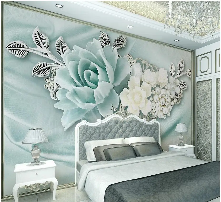 

Home Decoration custom 3d photo wallpaper Peppermint green jewelry pearl oil painting flowers 3d stereoscopic wallpaper