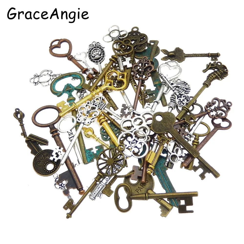 10pcs Mix Color Metal Key Pendant Alloy Lovely Large Crown Key Charms Vintage Jewelry Keys Charms Wholesale Antique Bronze Key