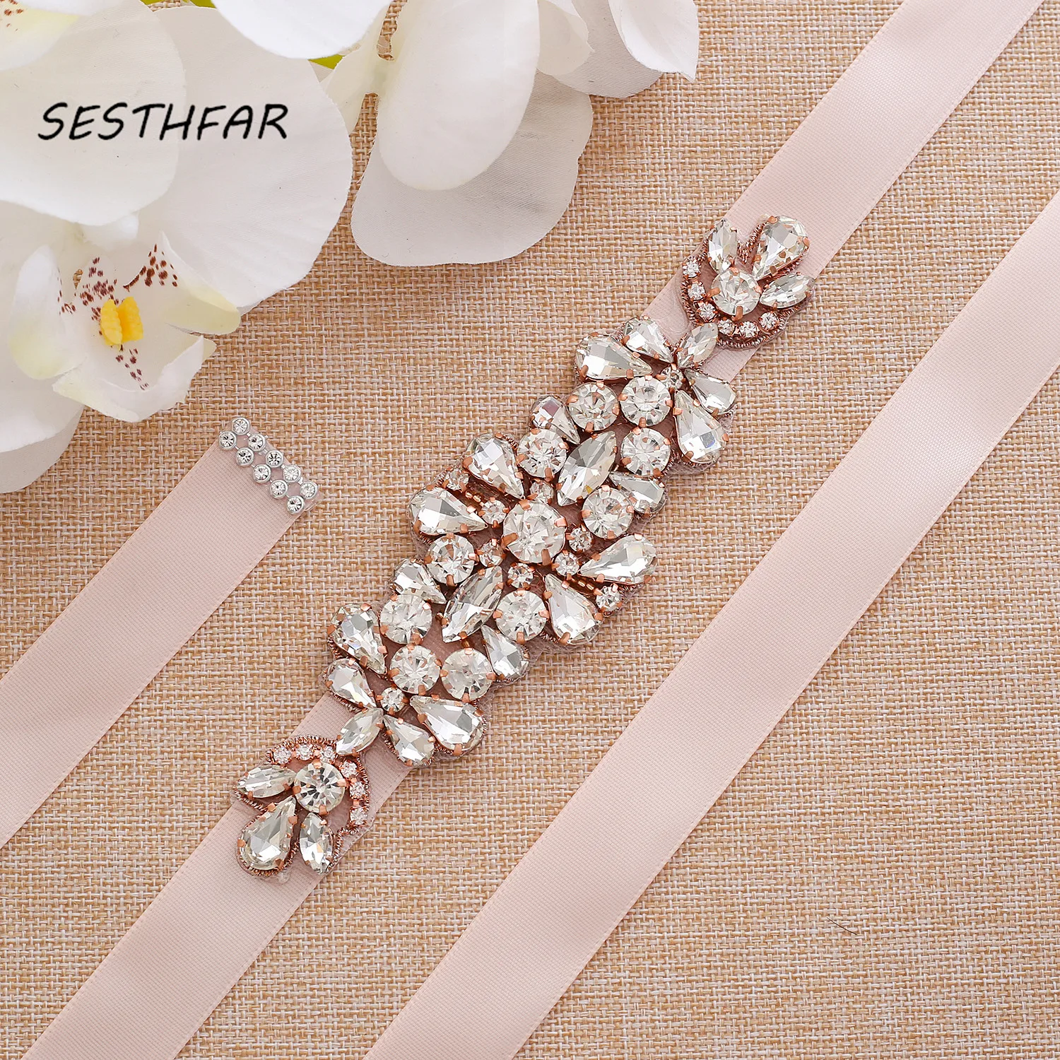 

SESTHFAR Crystal Wedding Accessories Satin Wedding Dress Belt Bridal Ribbon Waistband Sash Belt for Evening Prom Dresses