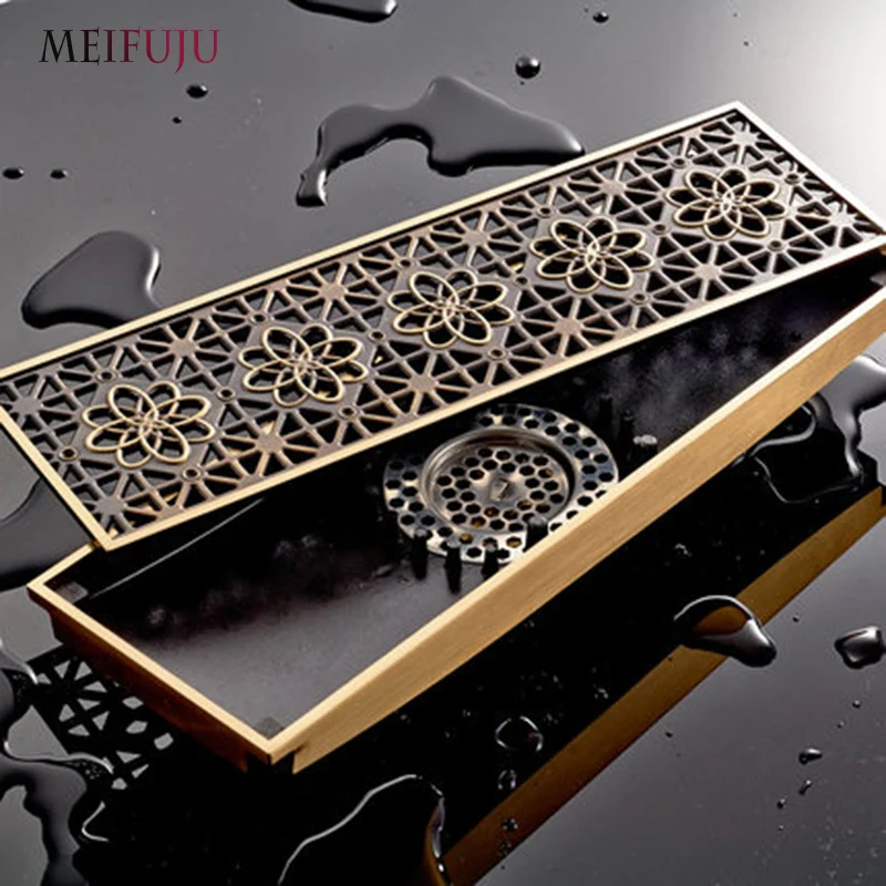 

MEIFUJU Antique Brass Bathroom Floor Drains Linear Shower Drain Waste Floor Shower Wire Strainer Art Carved Cover Waste Drainer