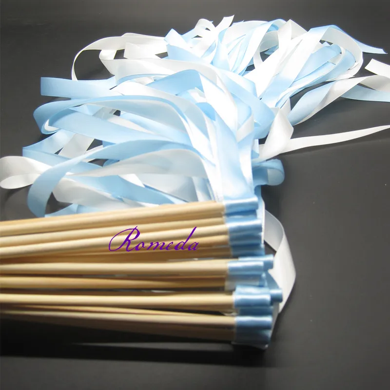 

50pcs/lot Light blue and white stain wedding ribbon wands without bell ribbon Twirling Streamers