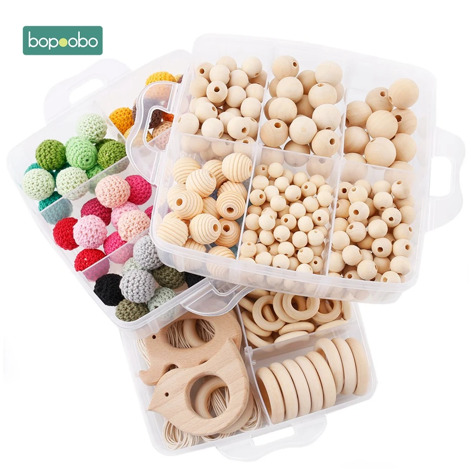 Bopoobo 1set Baby Rattle DIY Jewelry Set Crochet Beads Baby Blending Natural Wooden Beads Silicone Round Geometry Wooden Teether