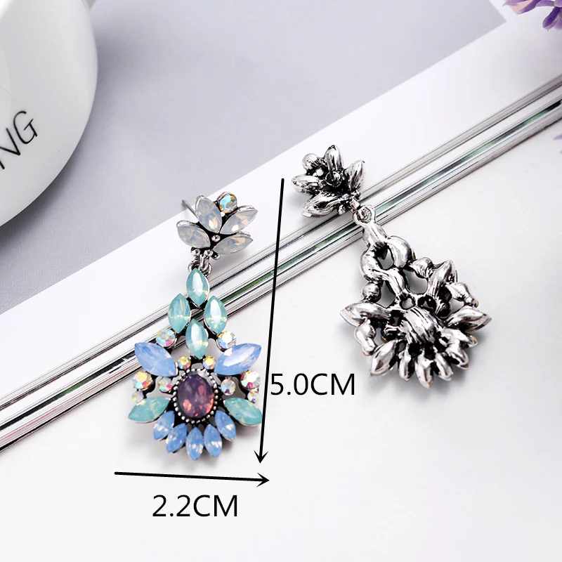 Elegant Blue Purple Crystal Stone Flower Pendant Dangle Earrings Women Rhinestone Acrylic Flower Girl\'s Gift Party Jewelry