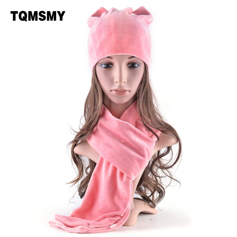 

TQMSMY New style winter hats for women's soft velvet beanies Lovely girls cat ears cap Ladies autumn bone 2 Pieces Hat Scarf set