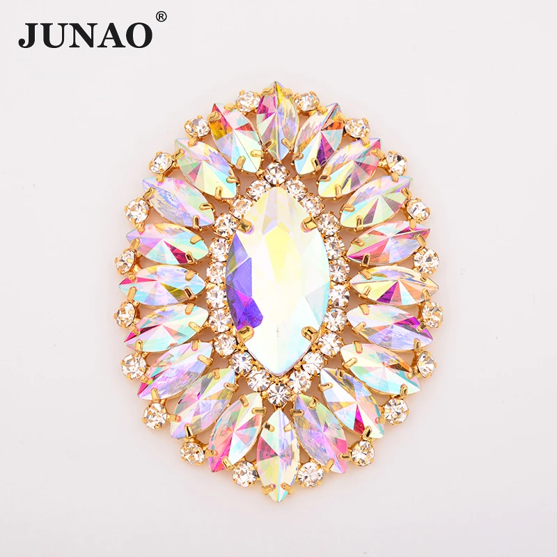 JUNAO 54x70mm Sewing Rose AB Crystal Gold Claw Rhinestones Glass Diamond Clothes Applique Big Flower Strass for Dress Crafts