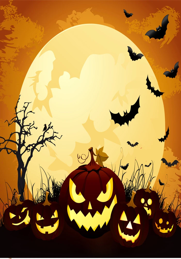 

VinylBDS 5X7FT Big Moon Fire Pumpkins Bats Halloween Backdrops Pumpkin Background Backdrop