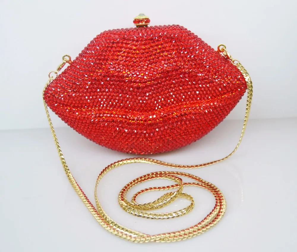 Stylish Diamond Evening Bag Sexy Red Lips Crystal Evening Bag Gold metal Party Purse Bride Wedding Handbag with Chain bag 88313