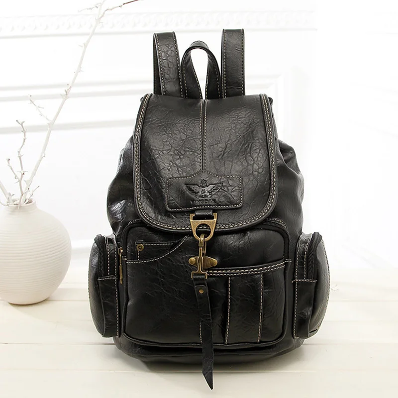 Mochila Vintage de alta calidad para mujer, morral escolar grande a la moda para chicas adolescentes, Mochila femenina negra de cuero PU 2025