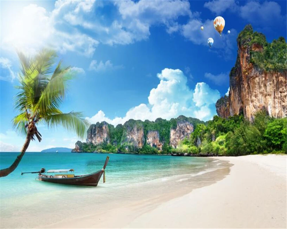 

Beibehang 3D Wallpaper Mediterranean Summer Beach Coconut Grove Hot Air Balloon Landscape TV Wall mural wallpaper for walls 3 d