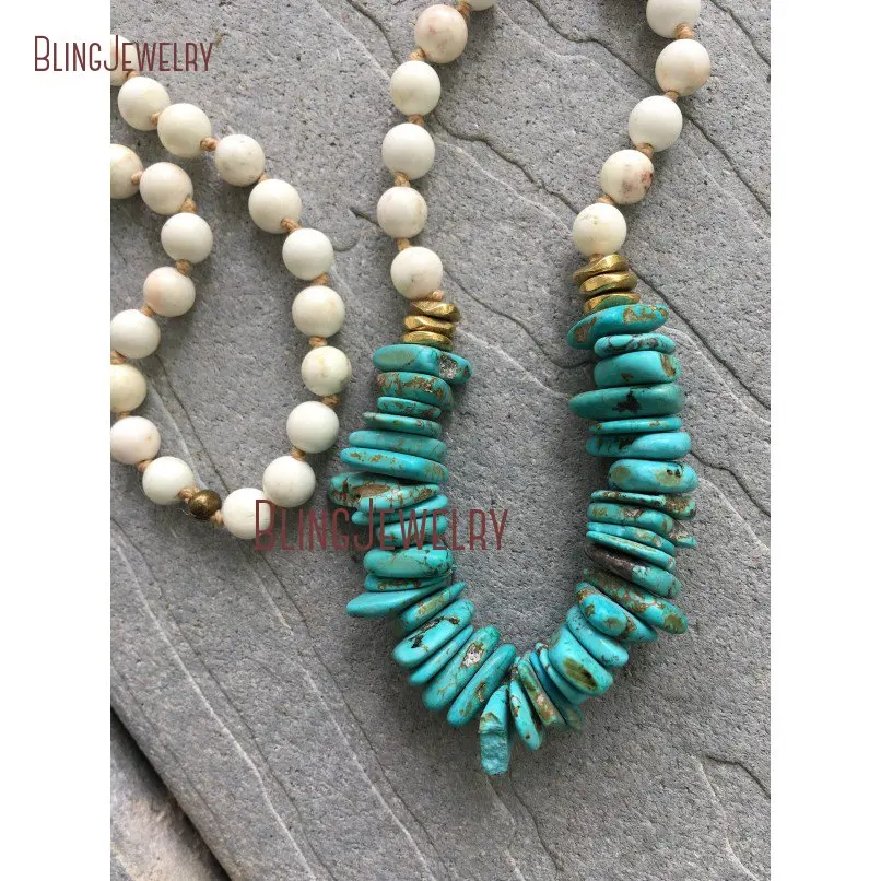 

Blue Turquoises Chips Heishi Necklace Beige Howlite Beads Layering Hand Knot NM20624