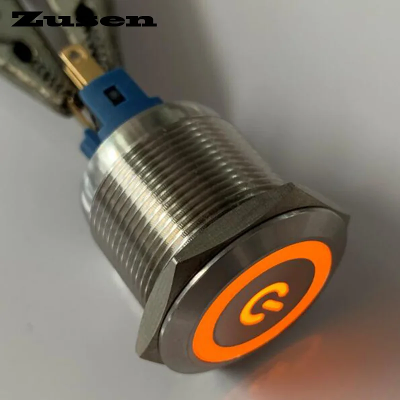 Zusen 22mm 照明付き電源シンボル押しボタンスイッチ ラッチング/モーメンタリ押しボタンスイッチ IP65(ZS22F-11ZET/Y/12V/S)