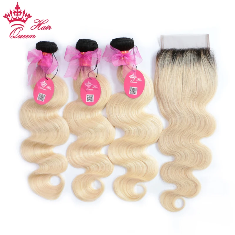 Queen Hair Products Brazilian Human Hair Ombre Blonde Hair Bundles with Lace Closure 1B/613 Body Wave Color Remy Hair Wefts