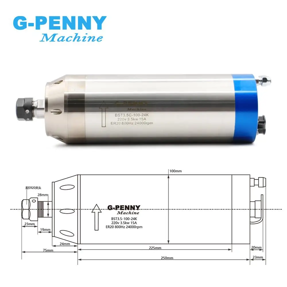 Metal working spindle 3.5kw ER20 water cooled spindle motor pole=4, 800Hz used for metal,copper,iron,stainless steel etc.