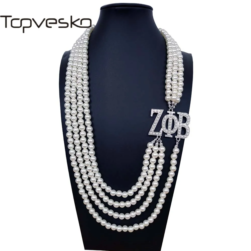 Topvekso Greece Greek Sorority Zeta Phi Beta White Pearl ZPB  Pendant Multilayer Statement Jewelry Long Choker