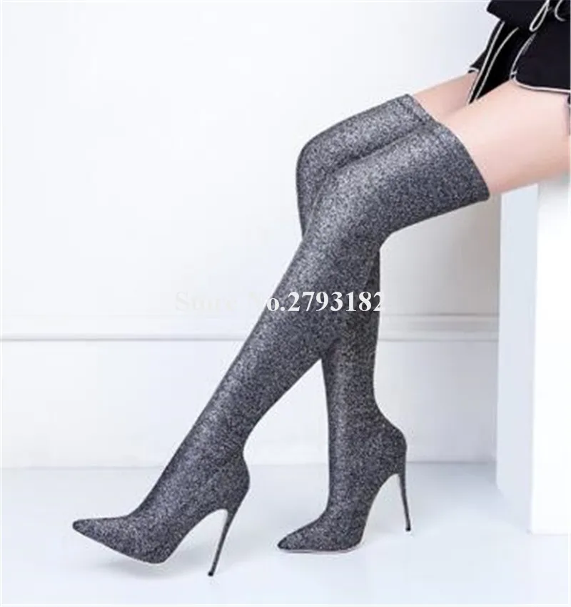 Women Sexy Pointed Toe Charming Bandage Over Knee Thin Heel Boots Slim Sequined Long High Heel Boots Club Dress Shoes