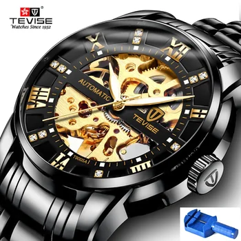 Automatic skeleton watches TEVISE T9005A diamond scale luminous hands men watch mechanical male clock classic wristwatches 2024