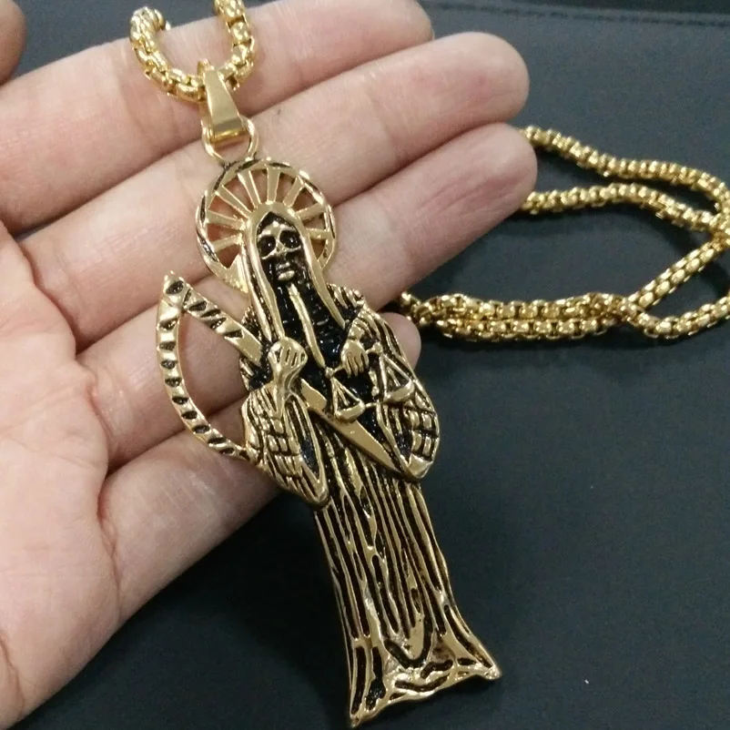 Vintage Jewelry High Quality Holy Saint Death Santa Muerte Skull Delicate Pendant Stainless steel Rolo Chian Necklace 2\'\' 3mm