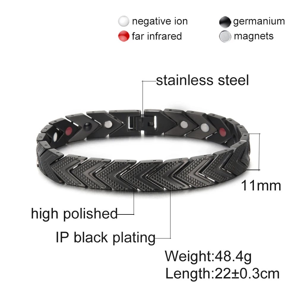 Vinterly Black Magnetic Bracelets Men Chain Link Stainless Steel Bracelet Men Health Energy Germanium Bracelets Bangles for Men