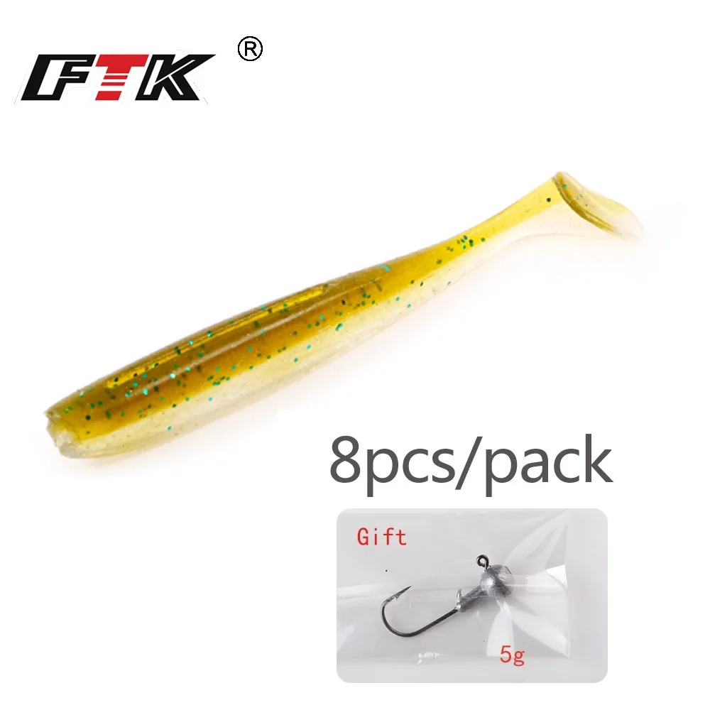 FTK 8PCS Easy Soft Fishing Lures T Tail 8CM Jigging Worm Wobbler Silicone Bait Jig Swim Bass