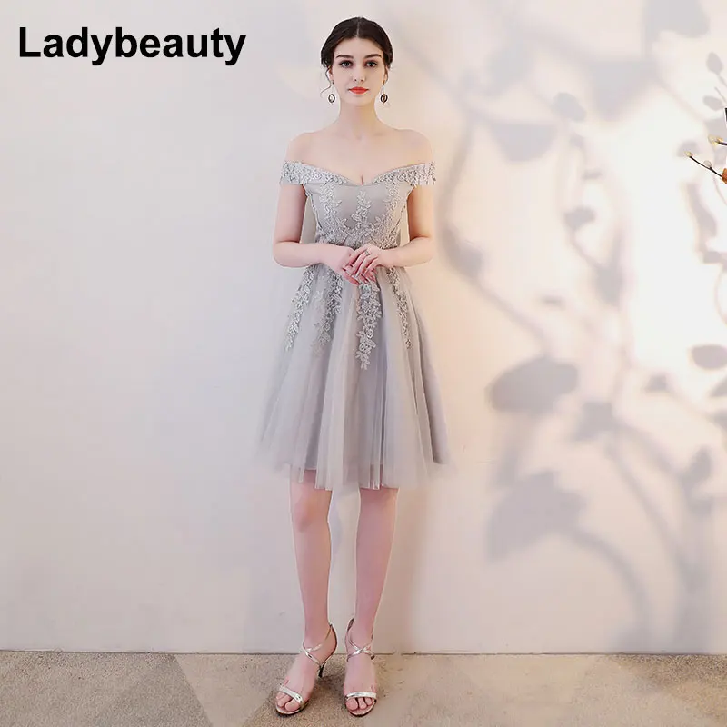 Ladybeauty 2018 Short Evening Dresses Elegant Lace Appliques Formal Party Dress Sexy Lace Up Off The Shoulder robe de soiree