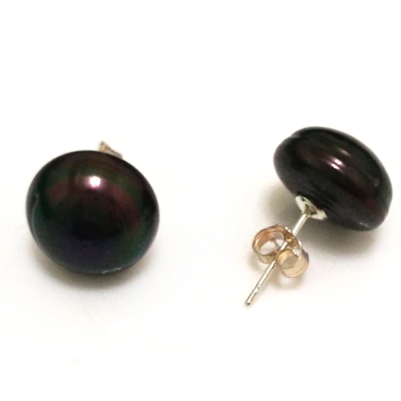 

12-13mm Black Natural Cultured Freshwater Button Pearl Sterling Silver Earring