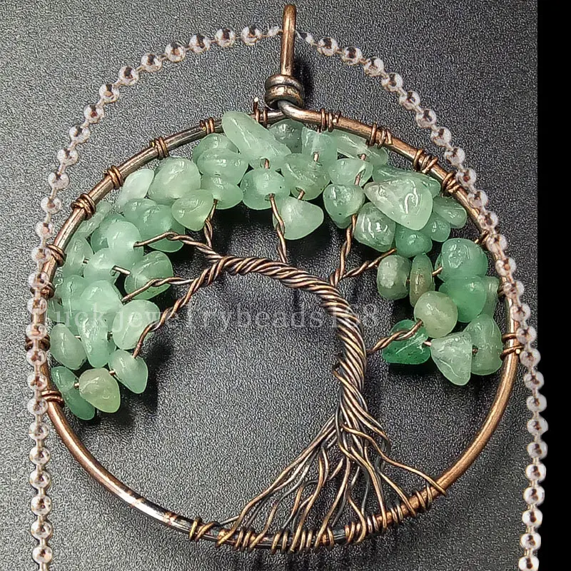 Beatiful Tree of life -Aventurine Wire Wrap Round Art Necklace With Chain 1pcs C4469n