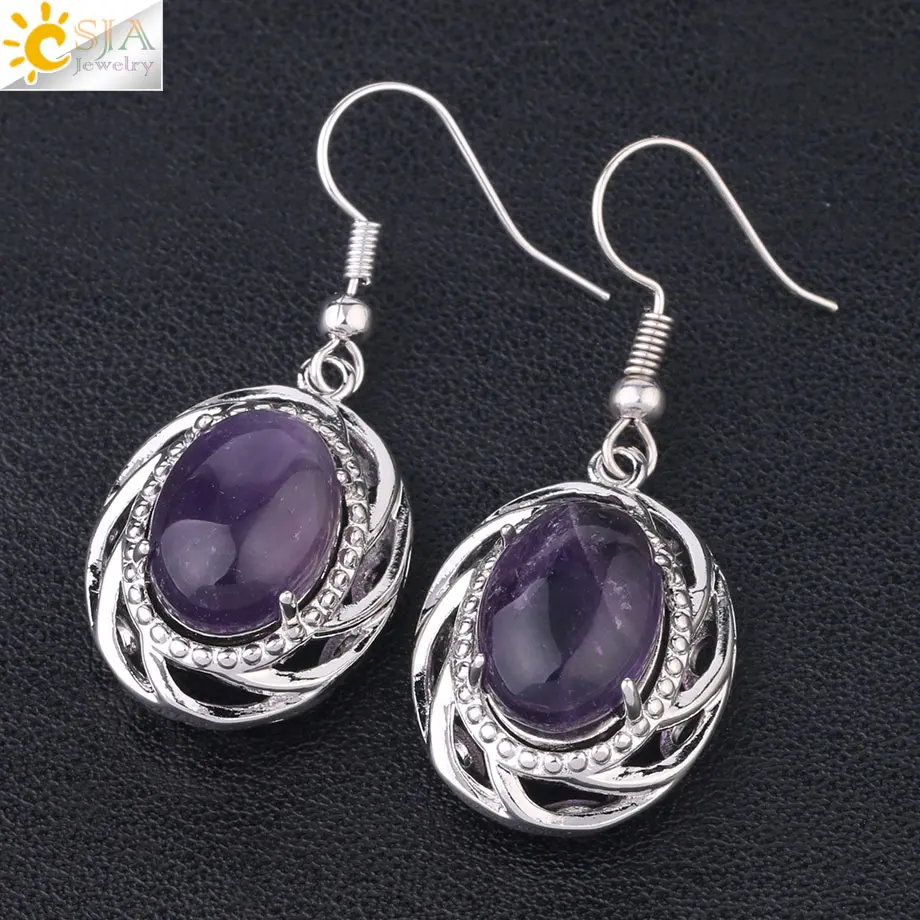 CSJA Green Natural Stone Drop Earrings for Women Girl Purple Pink Crystal Earring Statement Earrings 2019 Handmade Jewelry F911