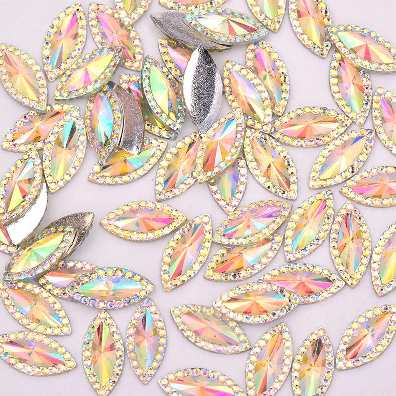 JUNAO 7x15mm 9x20mm Glitter AB Rhinestones Applique Resin Stones Non Sewing Strass Crystals Horse Eye Flat Back Gems for Crafts