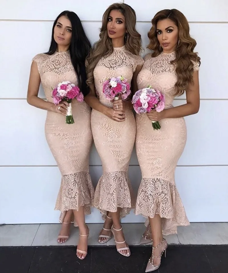 Champagne O-Neck Cap Sleeves Ankle-Length Mermaid Lace Bridesmai Dresses Cheap Trumpet Bridesmaid Gowns Wedding Party Dress