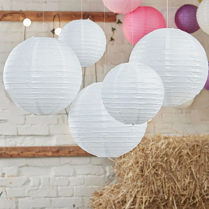 6Pcs/Set(Mix 15-40cm) White Chinese Paper Round Lanterns Boho Wedding Hanging Dcorations Anniversary Celebration Party Balloons