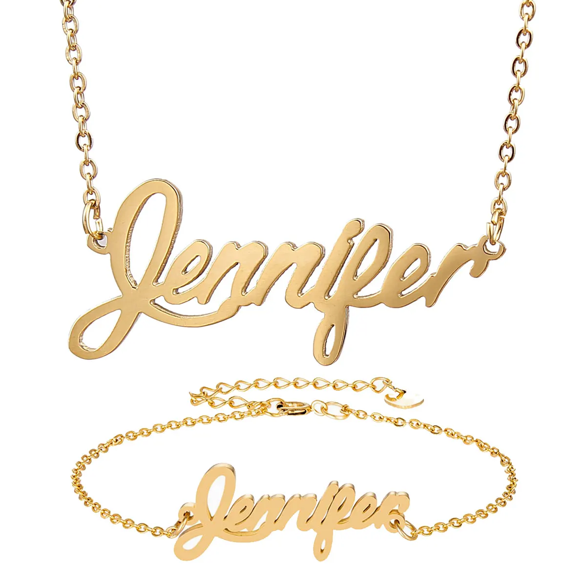 

Jennifer Name Necklace and Bracelet Jewelry Set Stainless Steel Letter Choker Pendant Nameplate for Girl Party Gift