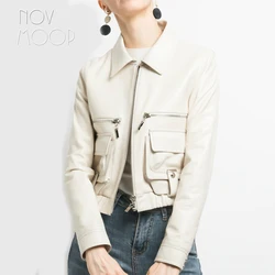 Korean style women off white genuine leather lambskin jacket coat front patch pockets casaco feminino ropa mujer abrigos LT2405