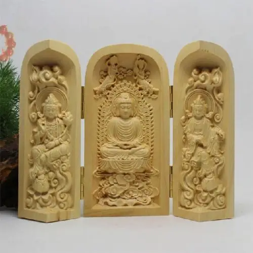 Old Boxwood Carve Buddha & Kwan-Yin Sit Quietly Pray Lucky Extensible Box Statue wooden crafts home decorations