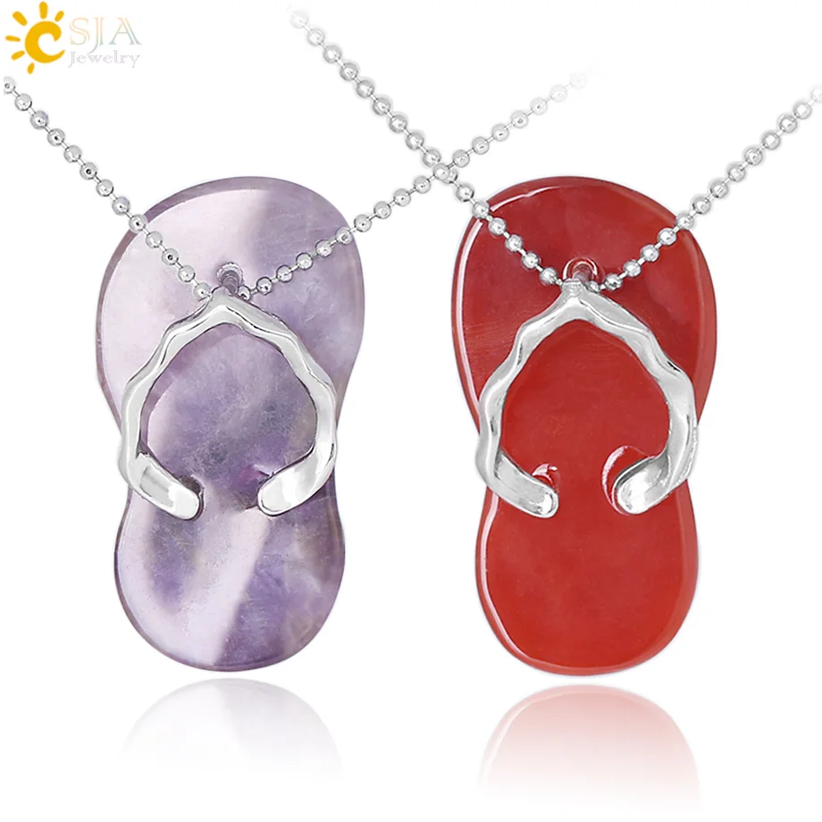 CSJA Natural Stone Necklace Lovely Slipper Shoe Reiki Pendant Purple Crystal for Women Colorful Summer Beach Charm Jewelry F325