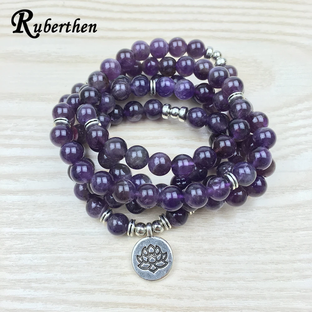 Ruberthen New Luxurious Design Amethyst 108 Mala Lotus Bracelet or Necklace Reiki Charged Buddhist Rosary Bracelet