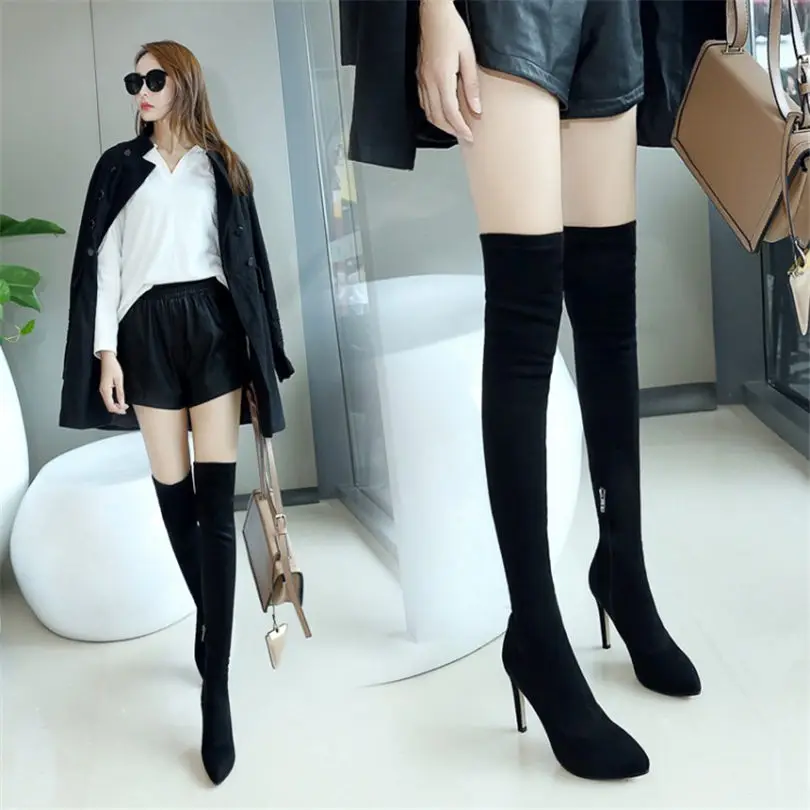 

2022 Winter Warm Shoes Women Suede Leather High Heel Over The Knee High Long Boots Female Pointed Toe Slim Leg Party Pumps Shoes