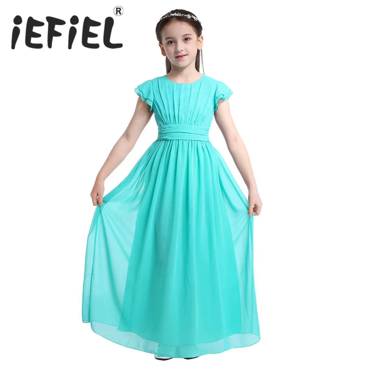 iEFiEL Sleeveless Kids Teenage Flower Girl Dress Floor Length Pageant Wedding Party Formal Occassion Wedding Girls Tulle Dress