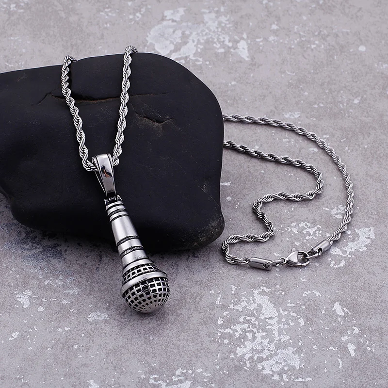 HaoYi Microphone Pendant Necklace For Men Stainless Steel Hip-hop Rock Music Lover Jewelry