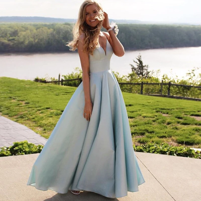 Vestidos de alças espaguete de graduação, vestidos de cetim simples com decote em v azul e céu, longo, festa de noite, vestidos formais de baile