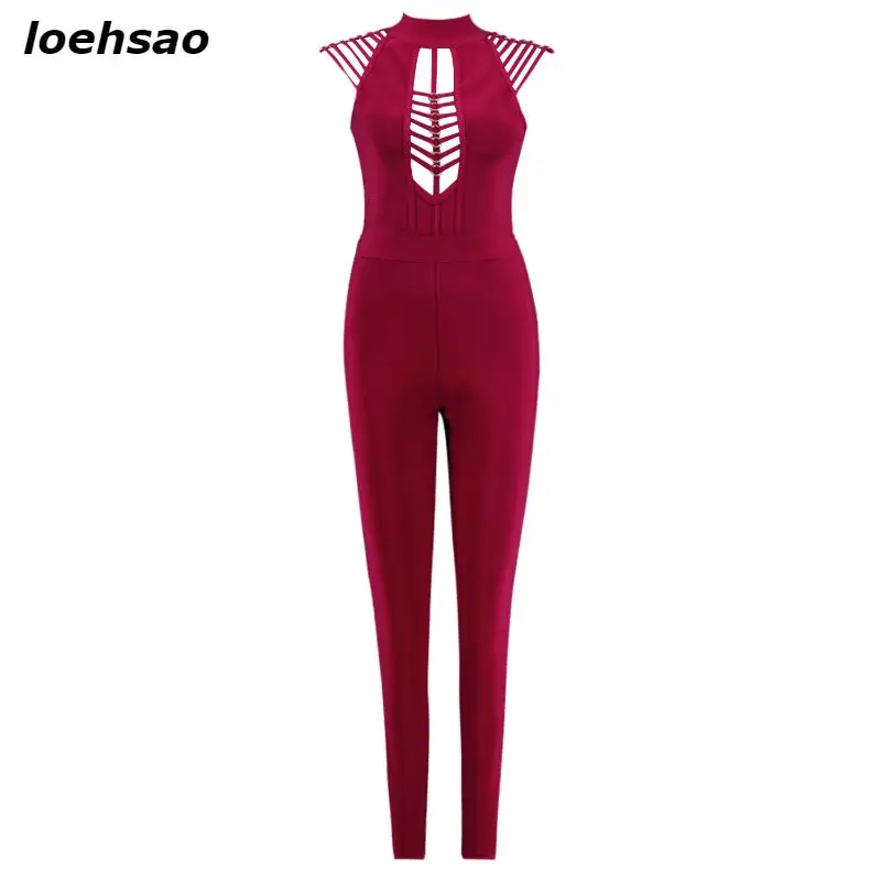 New Fashion mulheres bodycon jumpsuits bandagem vinho vermelho rayon malha bodysuit bandagem noite clube partido lápis calças casuais