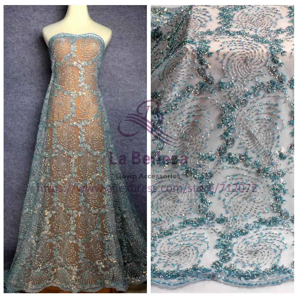 

La Belleza New 1 yard super heavy handmde beaded blue evening dress lace fabric 47" width