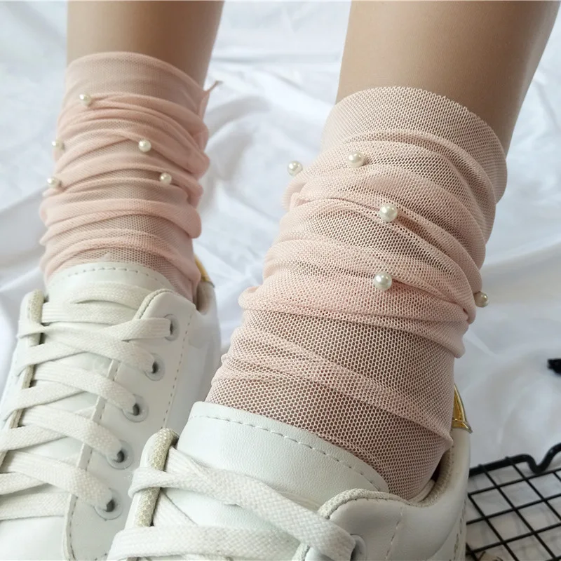 Mesh Pearls Women Socks Fashion Female Princess Heap Heap Meias Soft Funny Socks Transparent Elastic Hosiery Sox