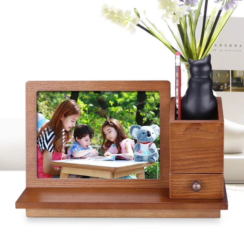 Wooden Photo Frame with Pen Holder, Creative European Retro Style Wedding Photo Frame