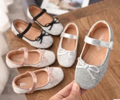 Nieuwe Kinderen Prinses Strass schoenen Kinderen Meisjes Zachte Schoenen Vierkante Lage hakken Dress Party Schoenen Roze/Zilver/ zwart Size21-30