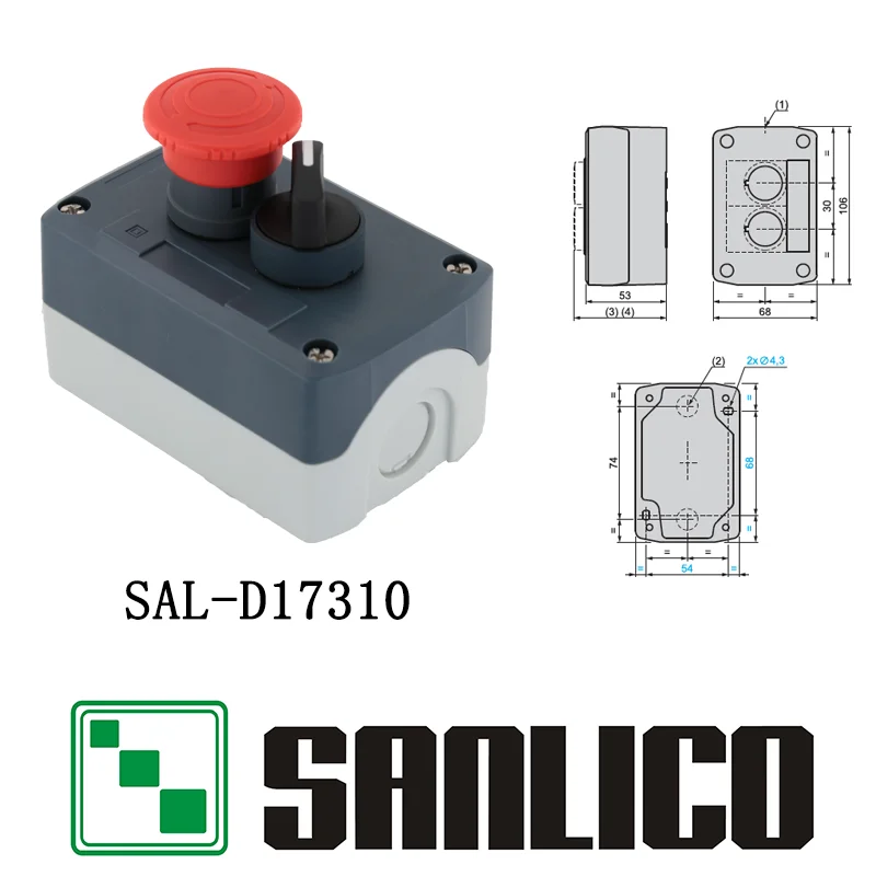 Waterproof Control Box Push Button Switch Station IP65 Emergency Stop Switch and 2 Fixed P. Selector Switch SAL XALD17310