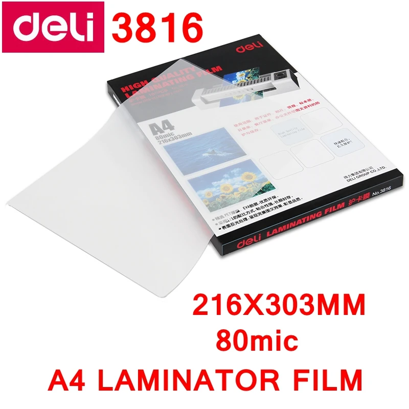 100sheets/Pack Deli 3816 hot pouch laminator film A4(216x303mm) size 80 mic photo documents PET laminating pouch film wholesale