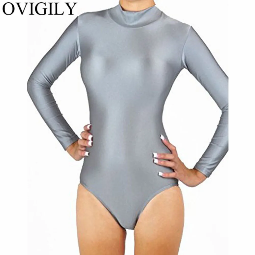 OVIGILY Women's Gray Leotard Mock Neck Long Sleeve Gymnastics Leotards for Adults Spandex Dancewear Bodysuits Teams Stage Tops